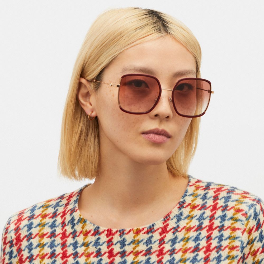 COACH®,FULL FIT SCULPTED SIGNATURE OVERSIZED SQUARE SUNGLASSES,Burgundy/ Rose Gold,Angle View