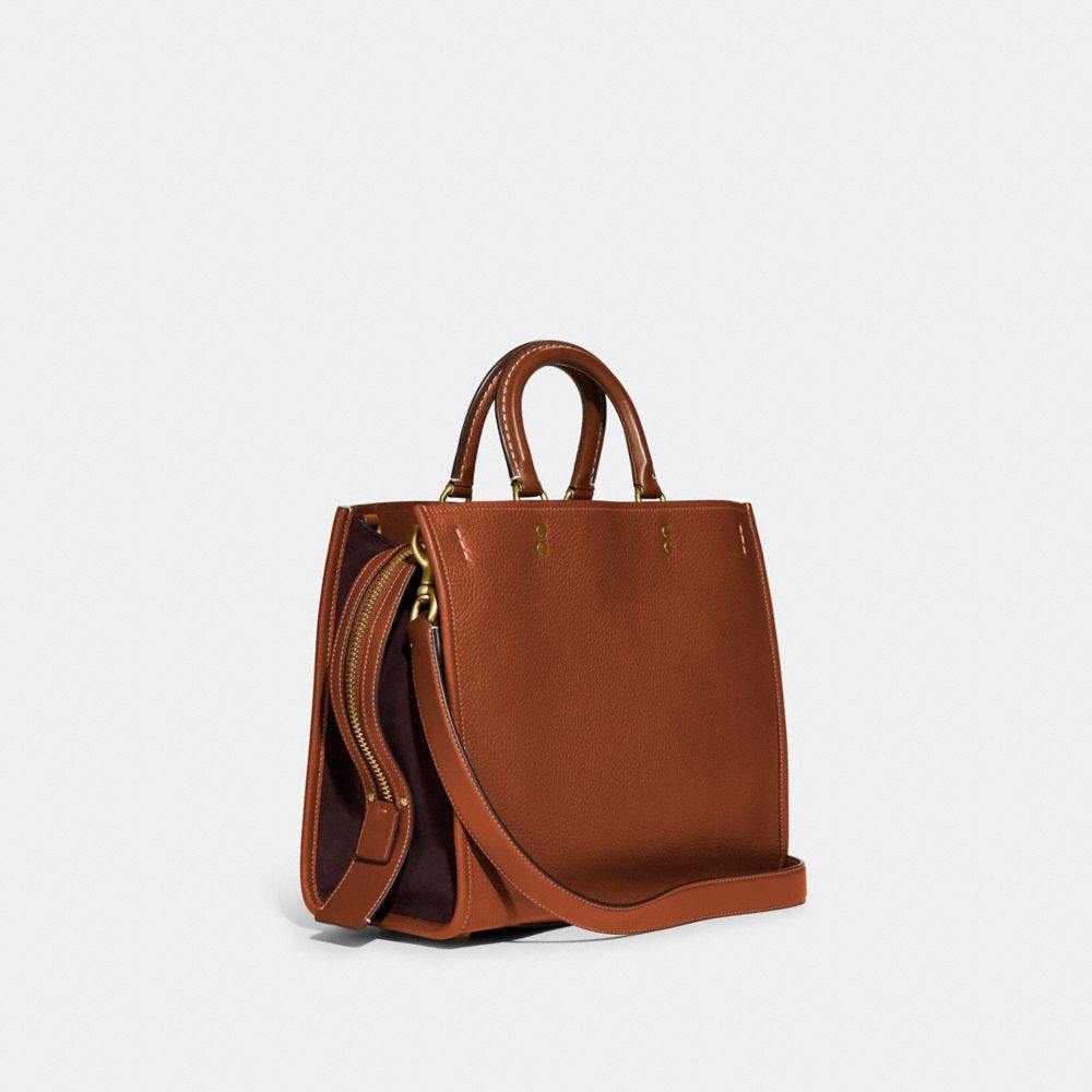 COACH®,ROGUE BAG IN COLORBLOCK,Pebble Leather,Large,Brass/Burnished Amber Multi,Angle View