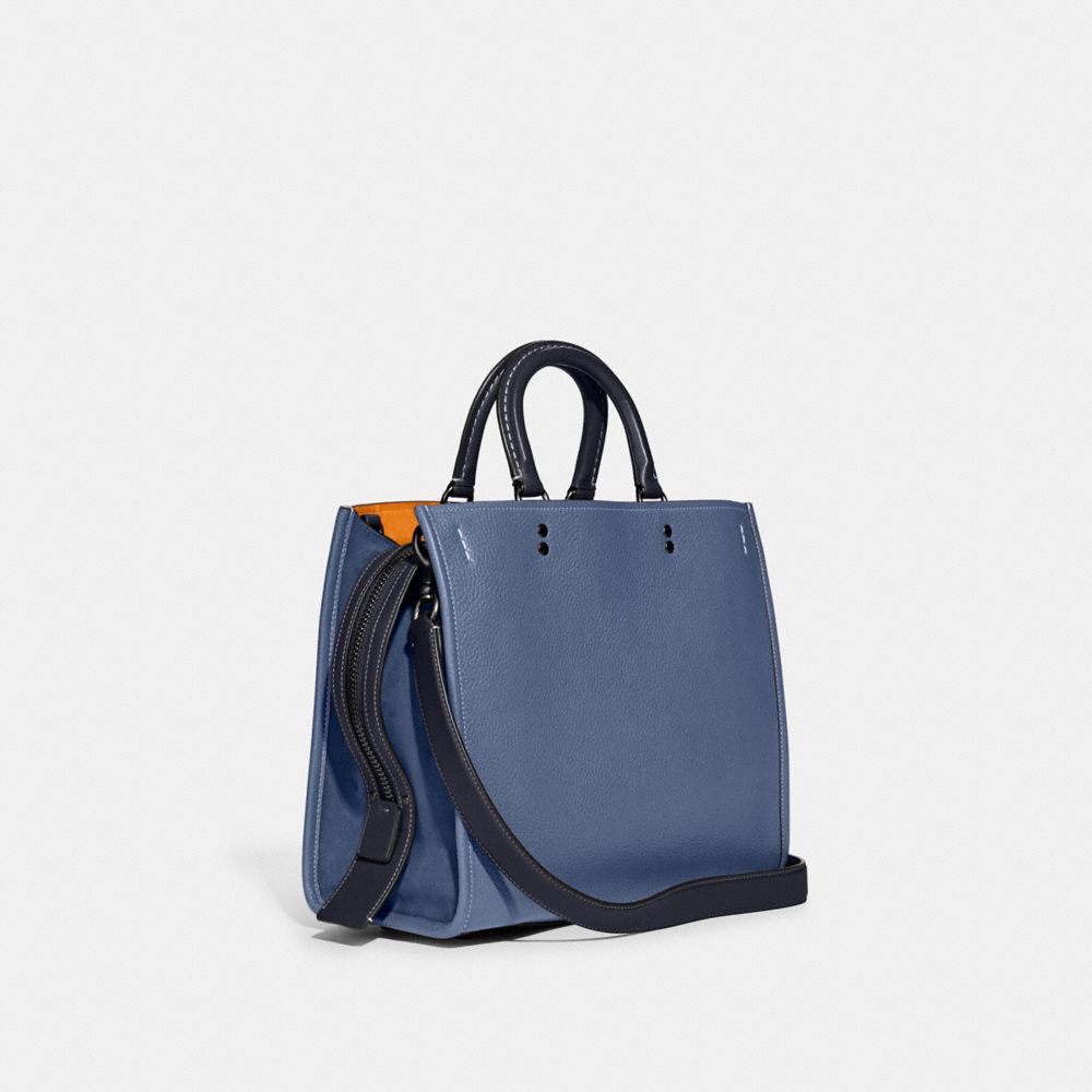 COACH®,ROGUE BAG IN COLORBLOCK,Pebble Leather,Large,Pewter/Washed Chambray Multi,Angle View