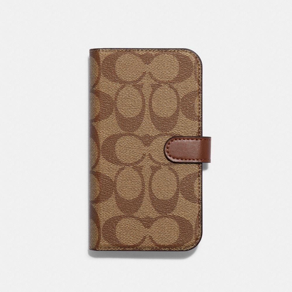 COACH®,IPHONE 13 PRO FOLIO IN SIGNATURE CANVAS,Mini,Khaki,Front View