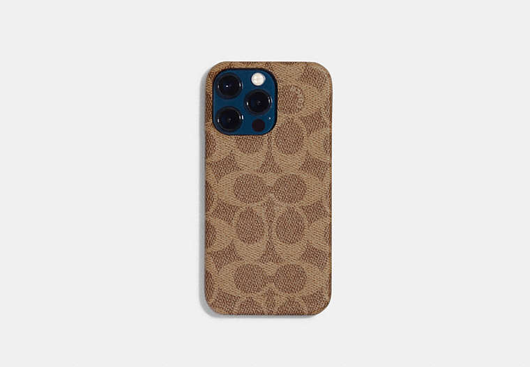 COACH®,IPHONE 13 PRO CASE IN SIGNATURE CANVAS,Signature Coated Canvas,Tan,Front View