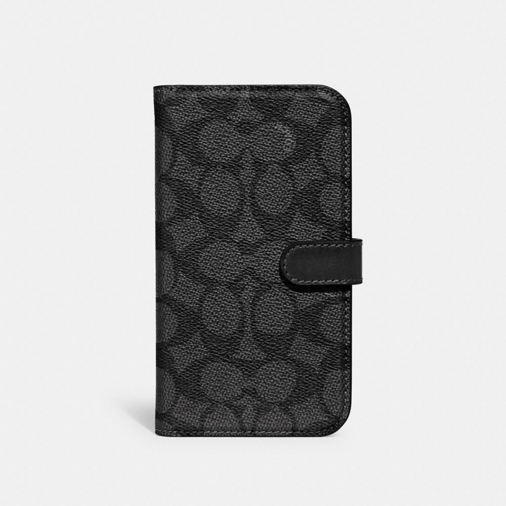 COACH®,IPHONE 13 PRO FOLIO IN SIGNATURE CANVAS,Signature Coated Canvas,Charcoal,Front View