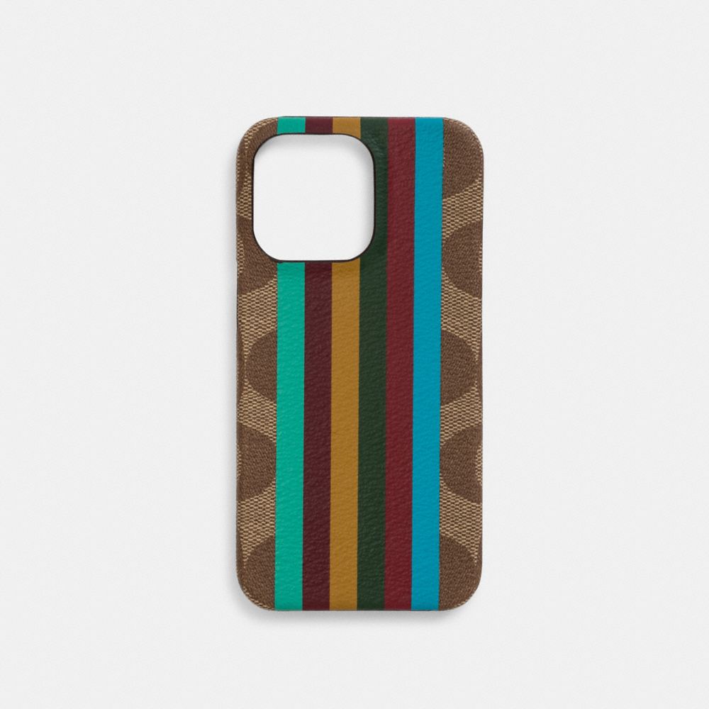 COACH®,IPHONE 13 PRO CASE IN SIGNATURE CANVAS WITH STRIPE PRINT,Khaki Multi,Front View