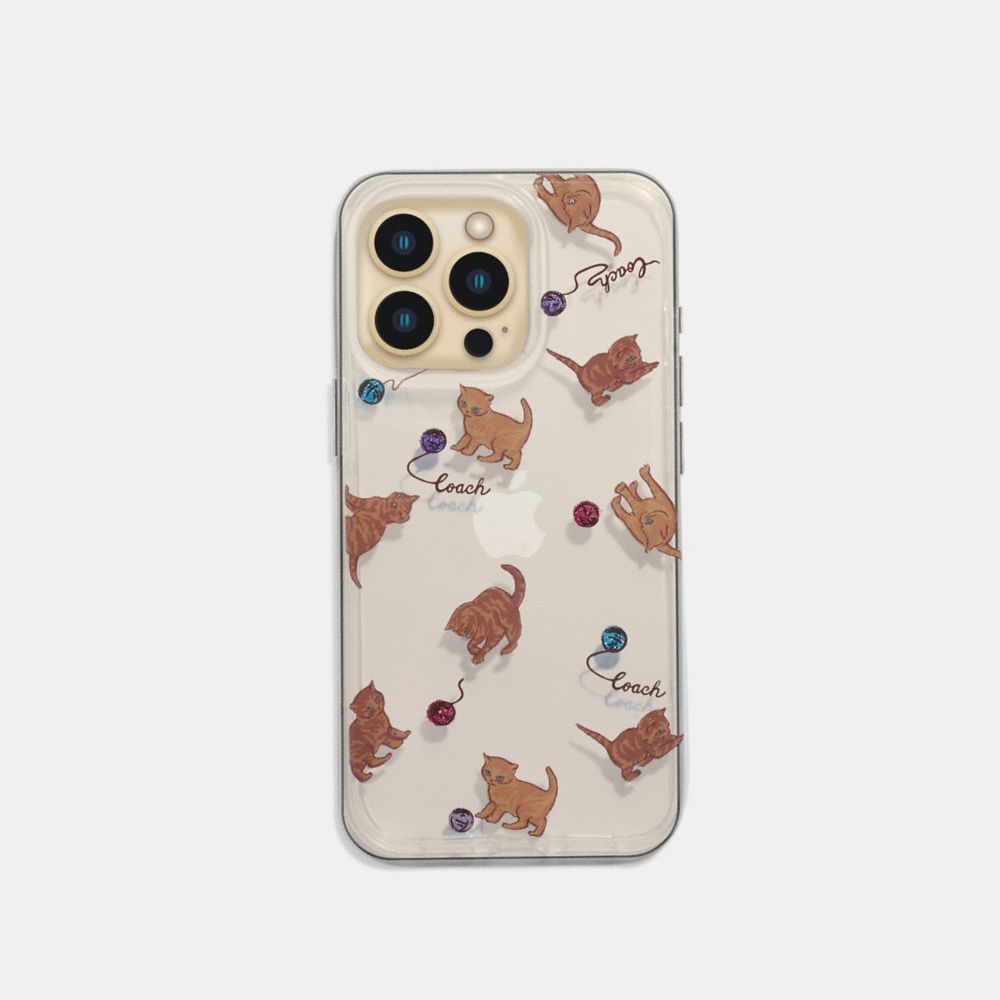 COACH®,IPHONE 13 PRO CASE WITH CAT DANCE PRINT,Clear/ Brown,Front View