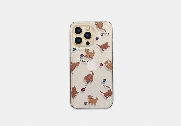 COACH®,IPHONE 13 PRO CASE WITH CAT DANCE PRINT,Plastic,Clear/ Brown,Front View