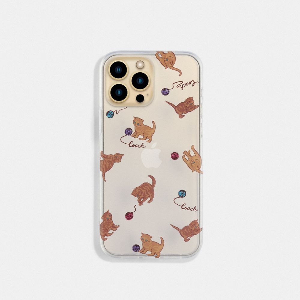 COACH®,IPHONE 13 PRO MAX CASE WITH CAT DANCE PRINT,Plastic,Clear/ Brown,Front View