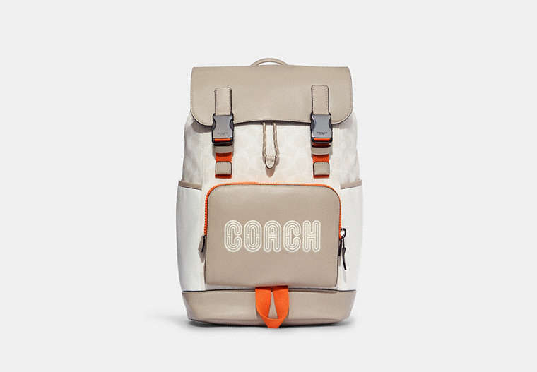COACH®,TRACK BACKPACK IN COLORBLOCK SIGNATURE CANVAS WITH COACH,X-Large,Gunmetal/Chalk Bone Multi,Front View