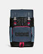 COACH®,TRACK BACKPACK IN COLORBLOCK SIGNATURE CANVAS WITH COACH,X-Large,Gunmetal/Charcoal Denim Multi,Front View