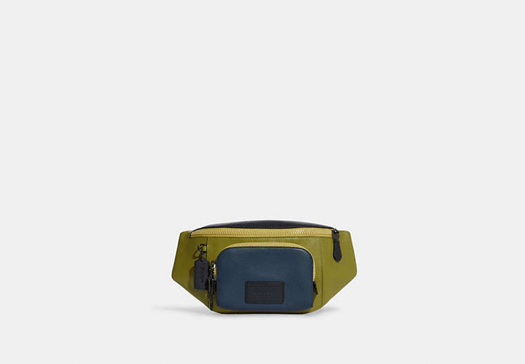 COACH®,TRACK BELT BAG IN COLORBLOCK WITH COACH,Medium,Gunmetal/Lime Green Multi,Front View