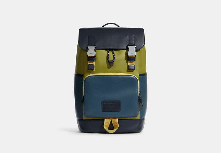 COACH®,TRACK BACKPACK IN COLORBLOCK WITH COACH,X-Large,Gunmetal/Lime Green Multi,Front View image number 0