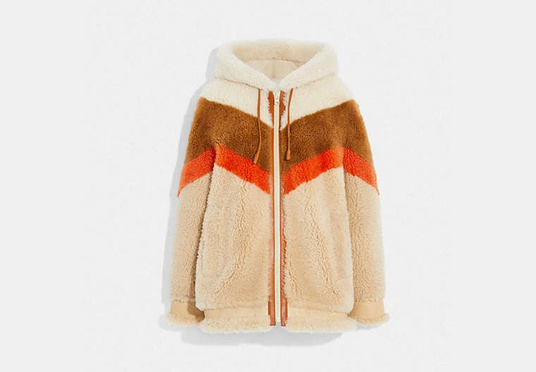 COACH®,COLORBLOCK SHEARLING HOODIE,Shearling,Cream Multi,Front View
