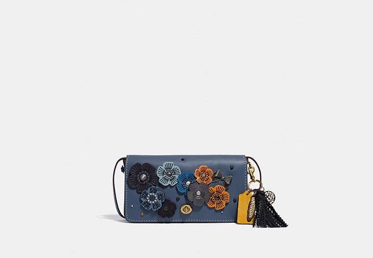 COACH®,UPCRAFTED DINKY WITH TEA ROSE APPLIQUE,Smooth Leather,Mini,Brass/Dark Denim,Front View