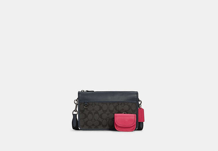 COACH®,HERITAGE CONVERTIBLE CROSSBODY WITH HYBRID POUCH IN COLORBLOCK SIGNATURE CANVAS,Mini,Gunmetal/Charcoal/Denim Multi,Front View
