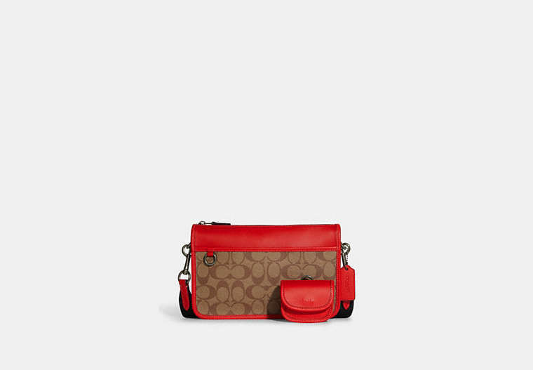 COACH®,HERITAGE CONVERTIBLE CROSSBODY WITH HYBRID POUCH IN COLORBLOCK SIGNATURE CANVAS,Mini,Gunmetal/Khaki/Miami Red,Front View