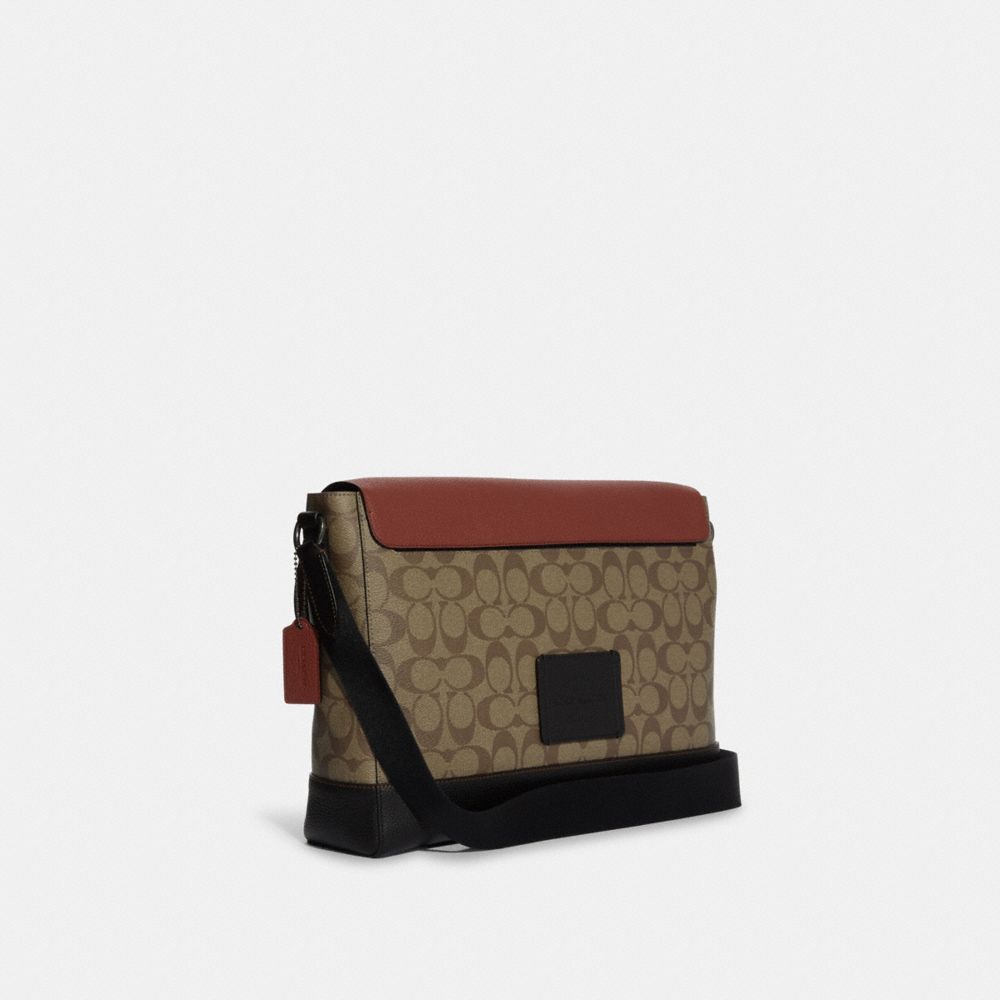 COACH®,HUDSON MESSENGER BAG IN COLORBLOCK SIGNATURE CANVAS,Medium,Gunmetal/Khaki Terracotta Multi,Angle View