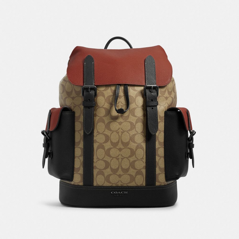COACH®,HUDSON BACKPACK IN COLORBLOCK SIGNATURE CANVAS,Leather,X-Large,Gunmetal/Khaki Terracotta Multi,Front View