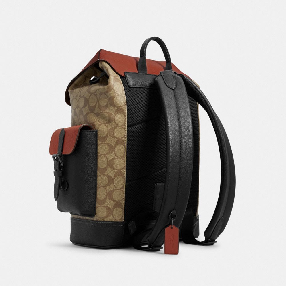 COACH®,HUDSON BACKPACK IN COLORBLOCK SIGNATURE CANVAS,Leather,X-Large,Gunmetal/Khaki Terracotta Multi,Angle View