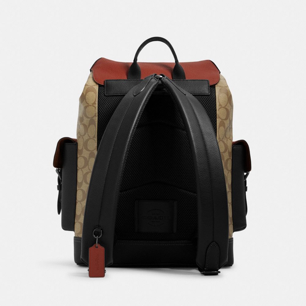 COACH®,HUDSON BACKPACK IN COLORBLOCK SIGNATURE CANVAS,Leather,X-Large,Gunmetal/Khaki Terracotta Multi,Back View