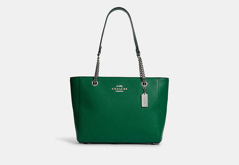 COACH®,CAMMIE CHAIN TOTE,Pebbled Leather,Large,Silver/Green,Front View