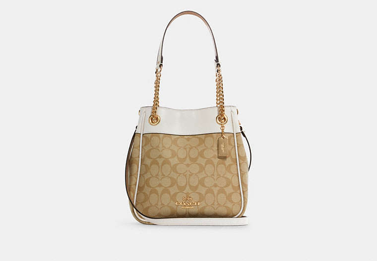 COACH®,CAMMIE CHAIN BUCKET BAG IN SIGNATURE CANVAS,canvas,Large,Gold/Light Khaki Chalk,Front View