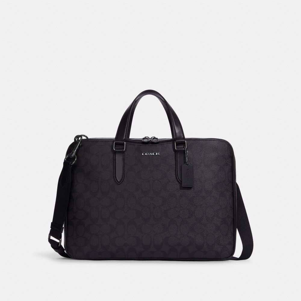 Coach, Bags, Coach Black Signature Canvas And Leather Slim Laptop Bag