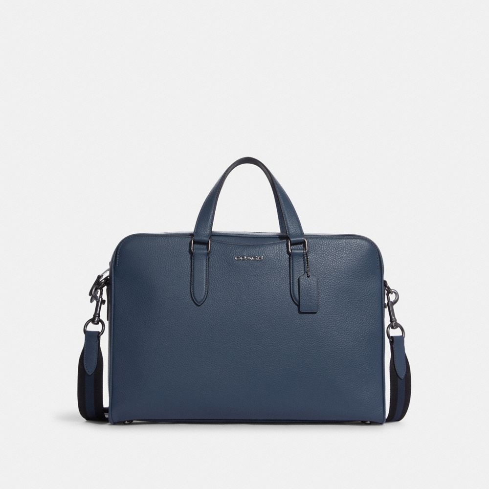COACH®,GRAHAM STRUCTURED BRIEF,Pebbled Leather,Large,Office,Gunmetal/Denim,Front View