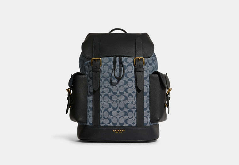 COACH®,HUDSON BACKPACK IN SIGNATURE CHAMBRAY,X-Large,Brass/Denim,Front View