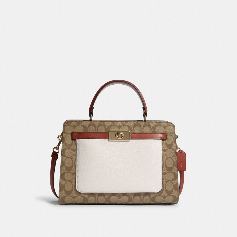 COACH®,LANE CARRYALL IN COLORBLOCK SIGNATURE CANVAS,Large,Anniversary,Gold/Khaki Chalk Multi,Front View