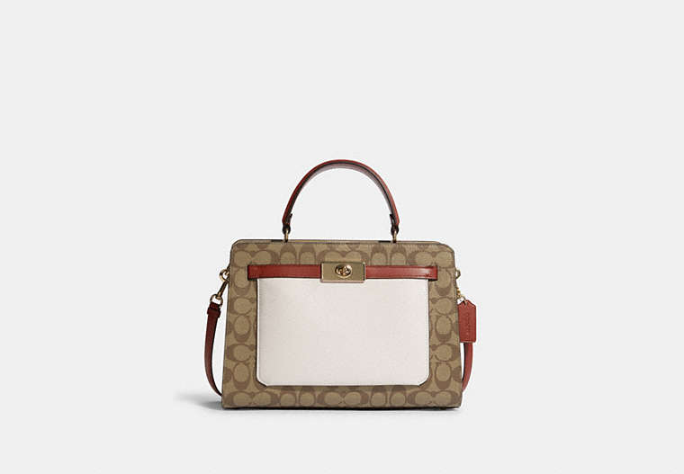 COACH®,LANE CARRYALL IN COLORBLOCK SIGNATURE CANVAS,Coated Canvas/Leather,Large,Anniversary,Gold/Khaki Chalk Multi,Front View