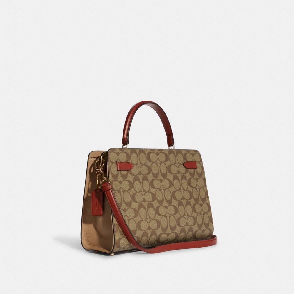 COACH®,LANE CARRYALL IN COLORBLOCK SIGNATURE CANVAS,Large,Anniversary,Gold/Khaki Chalk Multi,Angle View