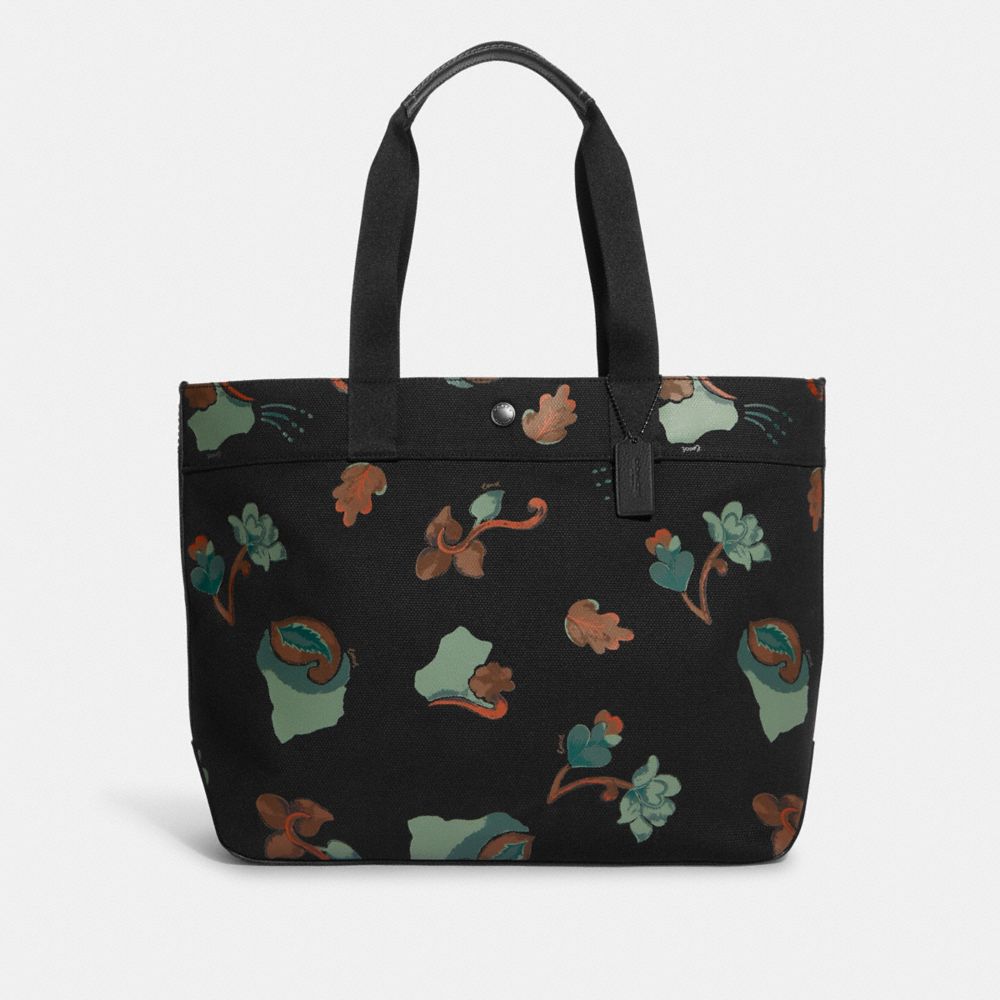 COACH®,TOTE 38 WITH DREAMY LEAVES PRINT,canvas,X-Large,Gunmetal/Black Multi,Front View