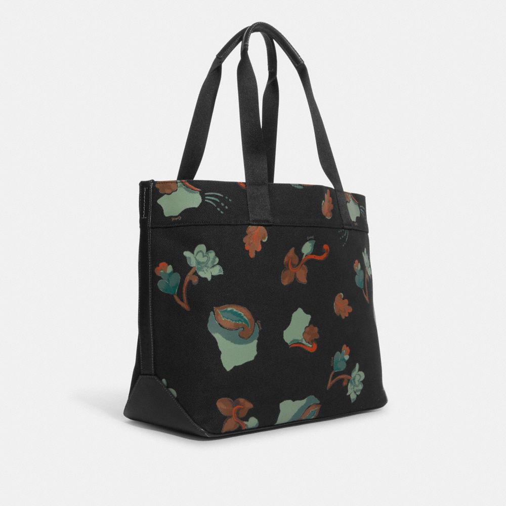 COACH®,TOTE 38 WITH DREAMY LEAVES PRINT,canvas,X-Large,Gunmetal/Black Multi,Angle View