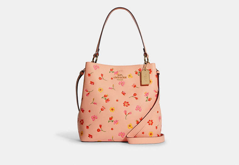 COACH®,TOWN BUCKET BAG WITH MYSTICAL FLORAL PRINT,Leather,Medium,Gold/Faded Blush Multi,Front View