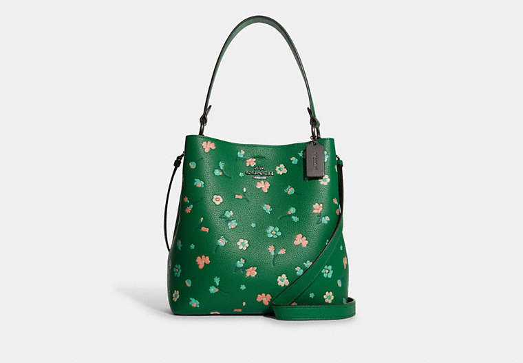 COACH®,TOWN BUCKET BAG WITH MYSTICAL FLORAL PRINT,Leather,Medium,Gunmetal/Green Multi,Front View