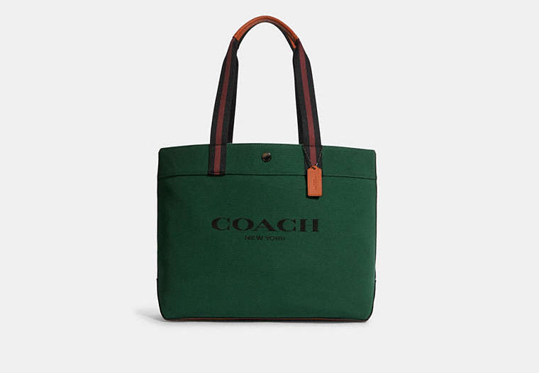 COACH®,TOTE BAG 38 IN COLORBLOCK,canvas,X-Large,Black Copper/Kelly Green Dark Saddle,Front View