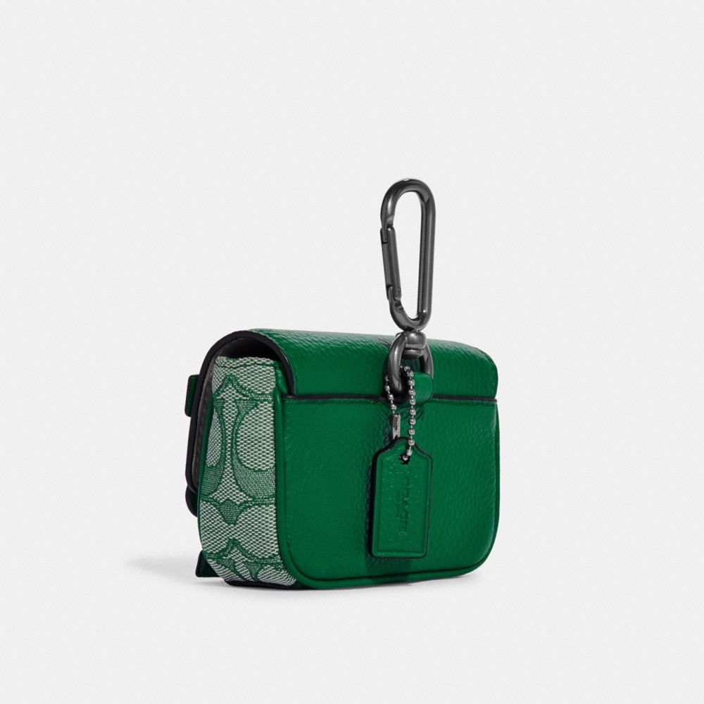 COACH®,MICRO TRACK KEY FOB IN SIGNATURE JACQUARD,Jacquard,Mini,Gunmetal/Green,Angle View