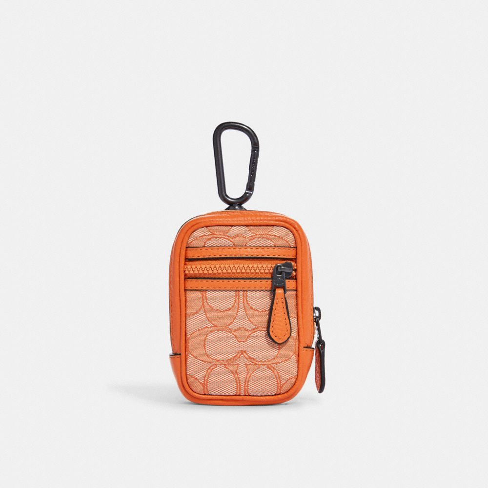 COACH®,MICRO NORTH/SOUTH HYBRID KEY FOB IN SIGNATURE JACQUARD,Mini,Gunmetal/Candied Orange,Front View