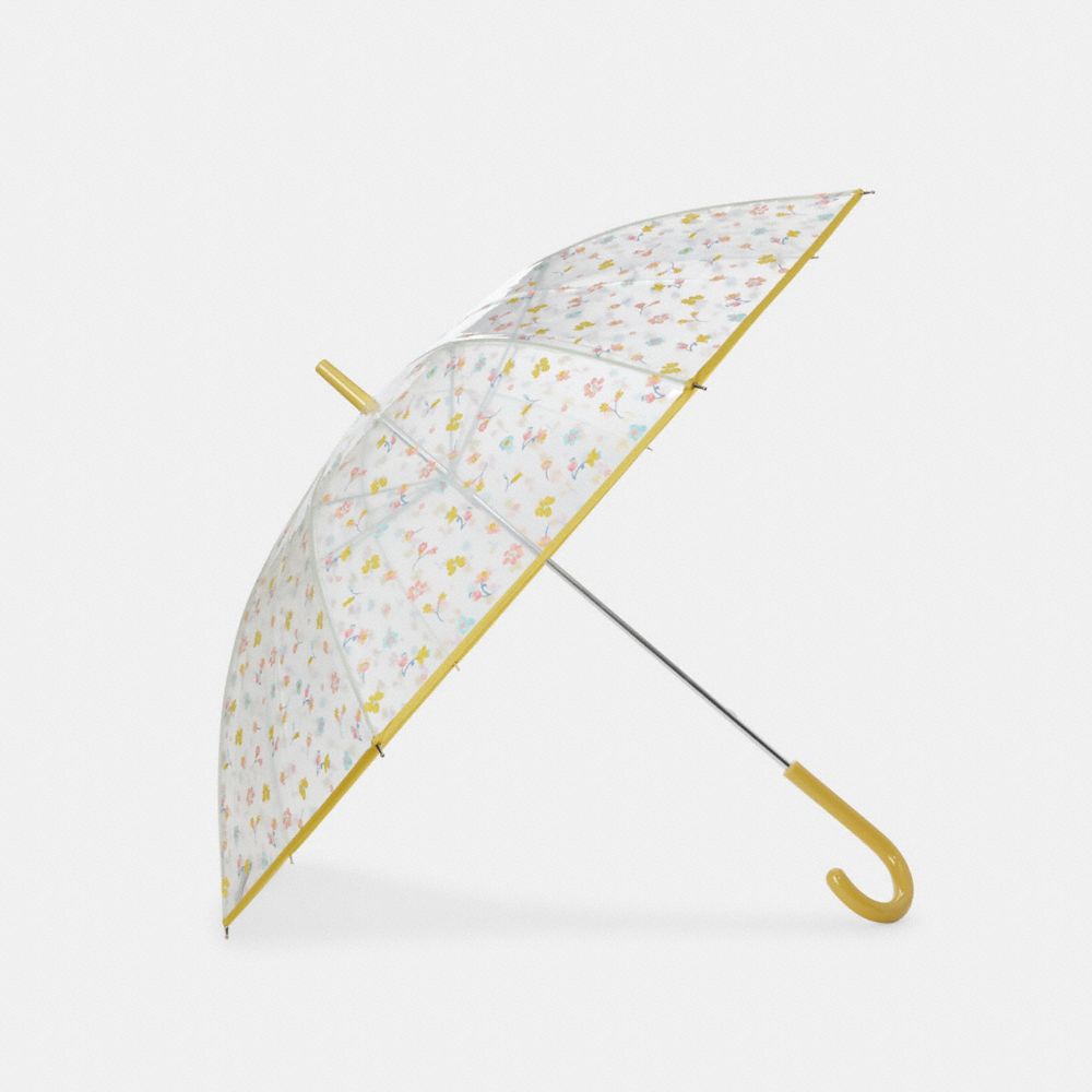 COACH®,CLEAR BUBBLE UMBRELLA IN MYSTICAL FLORAL PRINT,Leather,Clear Multi,Front View