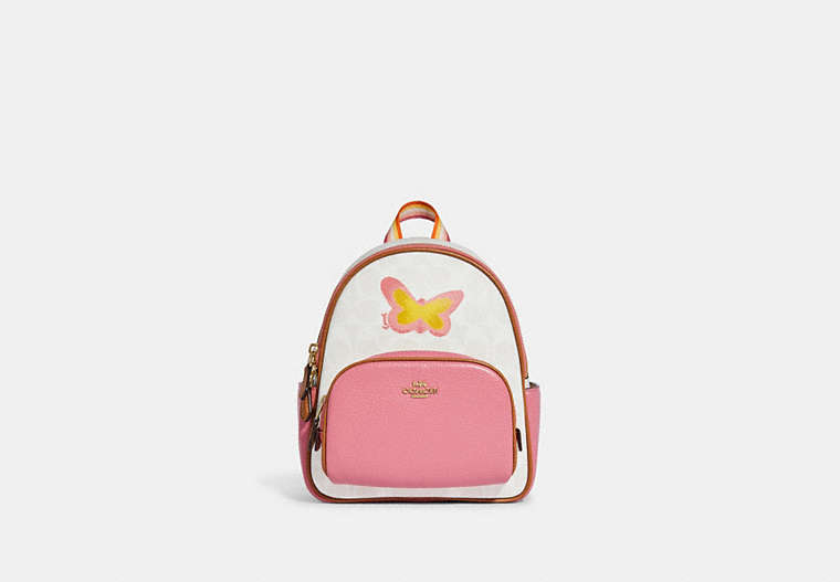 COACH®,MINI COURT BACKPACK IN SIGNATURE CANVAS WITH BUTTERFLY,Jacquard,Medium,Gold/Chalk/Taffy Multi,Front View
