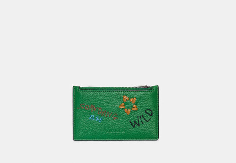 COACH®,ZIP CARD CASE WITH DIARY EMBROIDERY,Gunmetal/Green Multi,Front View