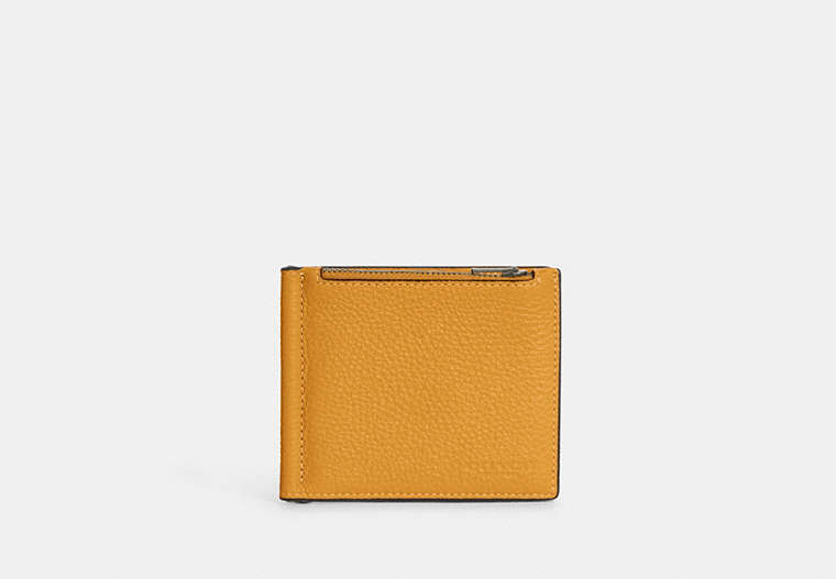 COACH®,Money Clip Zip Wallet in Pebbled Leather,Gunmetal/Mustard Yellow,Front View image number 0