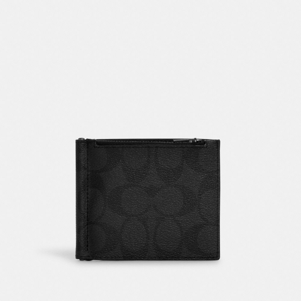 COACH®,Money Clip Zip Wallet in Signature,Gunmetal/Black/Black,Front View image number 0