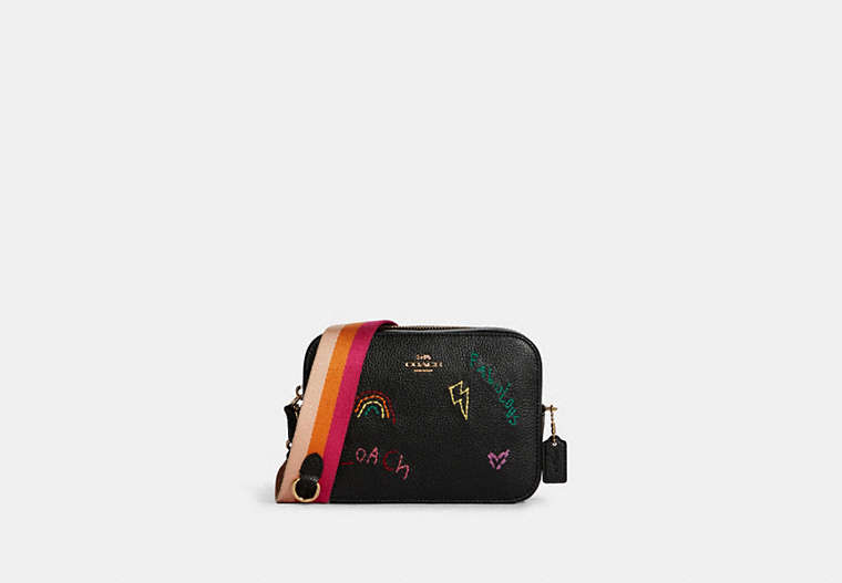 COACH®,MINI CAMERA BAG WITH DIARY EMBROIDERY,Gold/Black Multi,Front View