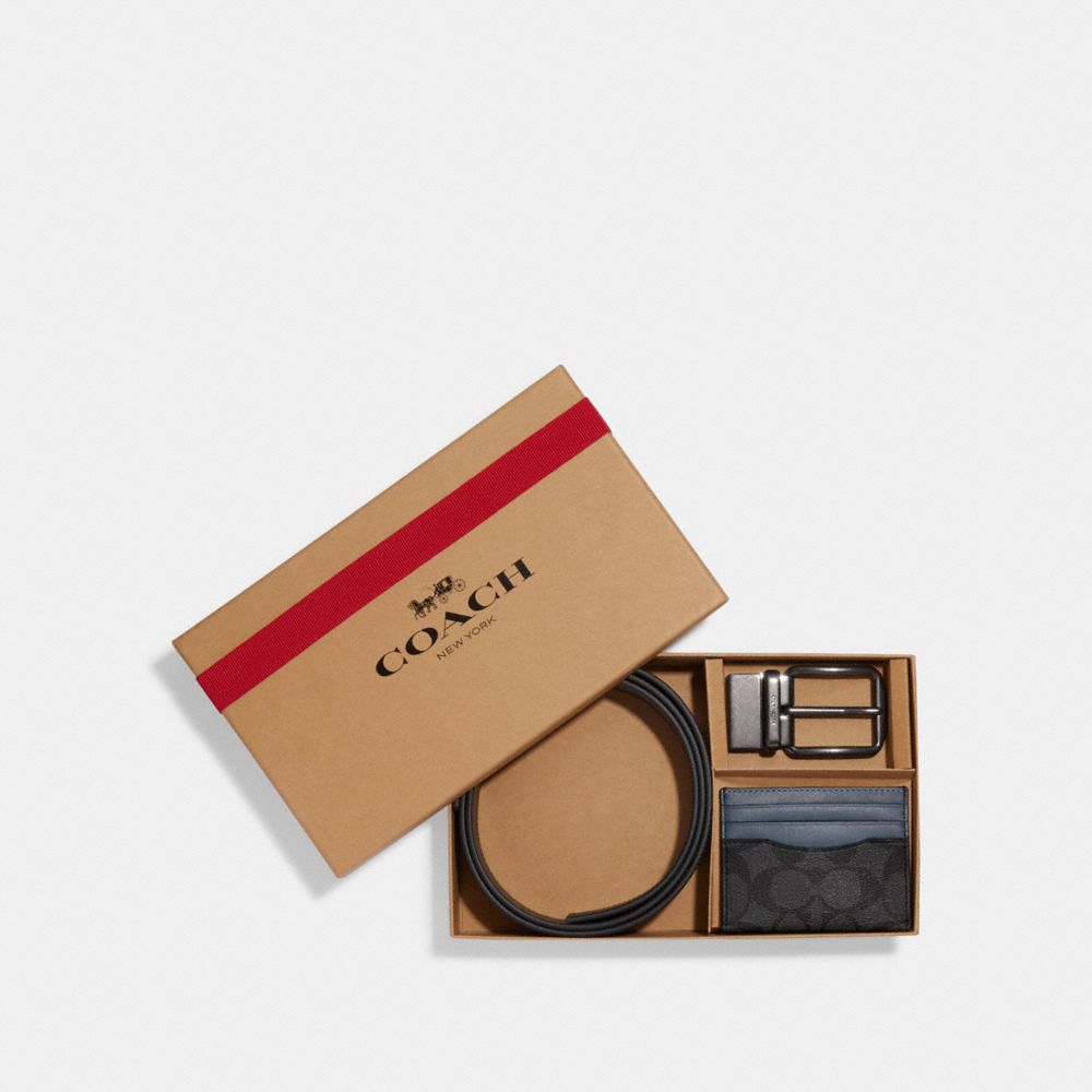 COACH®,BOXED CARD CASE AND BELT GIFT SET IN COLORBLOCK SIGNATURE CANVAS,Gunmetal/Charcoal/Denim,Front View