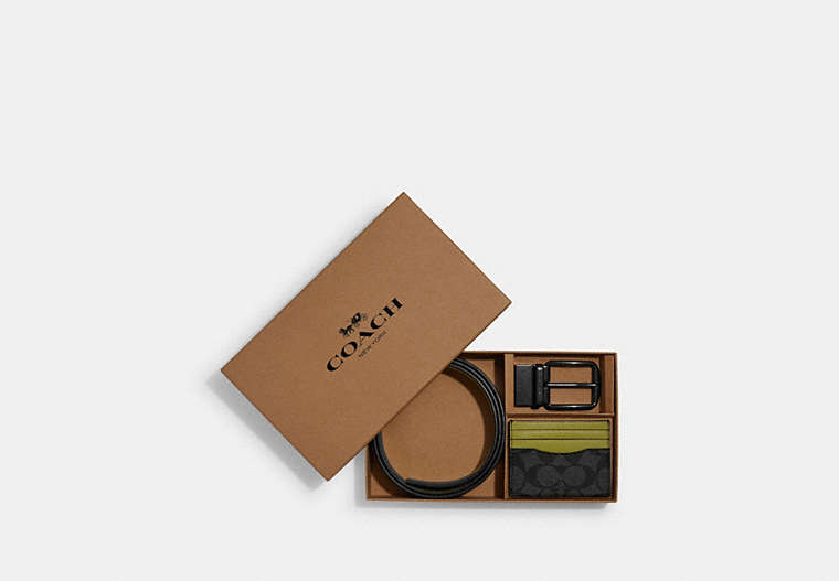 COACH®,BOXED CARD CASE AND BELT GIFT SET IN COLORBLOCK SIGNATURE CANVAS,Signature Coated Canvas,Mini,Gunmetal/Charcoal/Lime Green,Front View