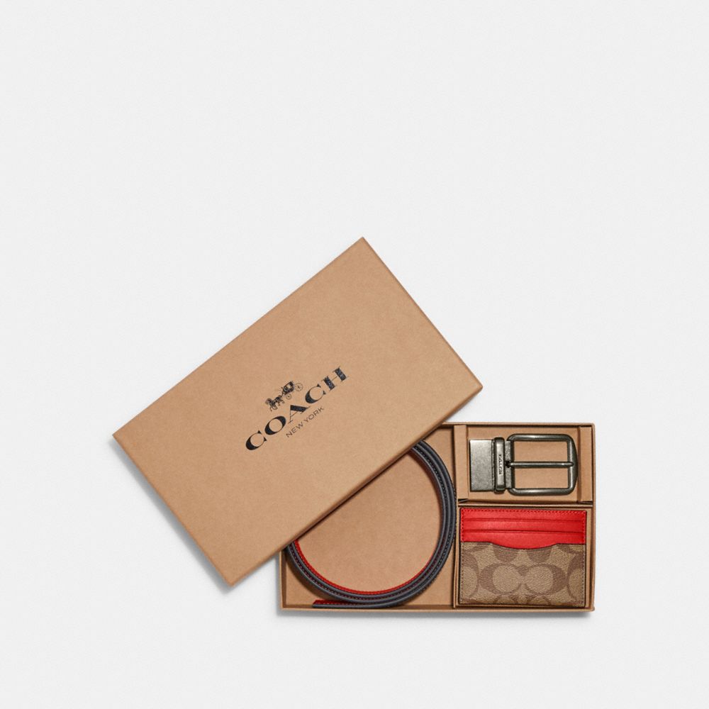 COACH®,BOXED CARD CASE AND BELT GIFT SET IN COLORBLOCK SIGNATURE CANVAS,Gunmetal/Khaki/Miami Red,Front View