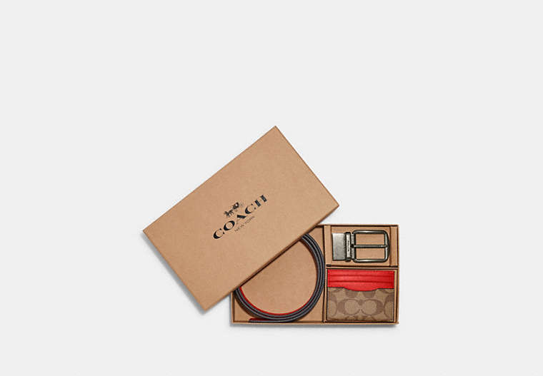 COACH®,BOXED CARD CASE AND BELT GIFT SET IN COLORBLOCK SIGNATURE CANVAS,Signature Coated Canvas,Mini,Gunmetal/Khaki/Miami Red,Front View