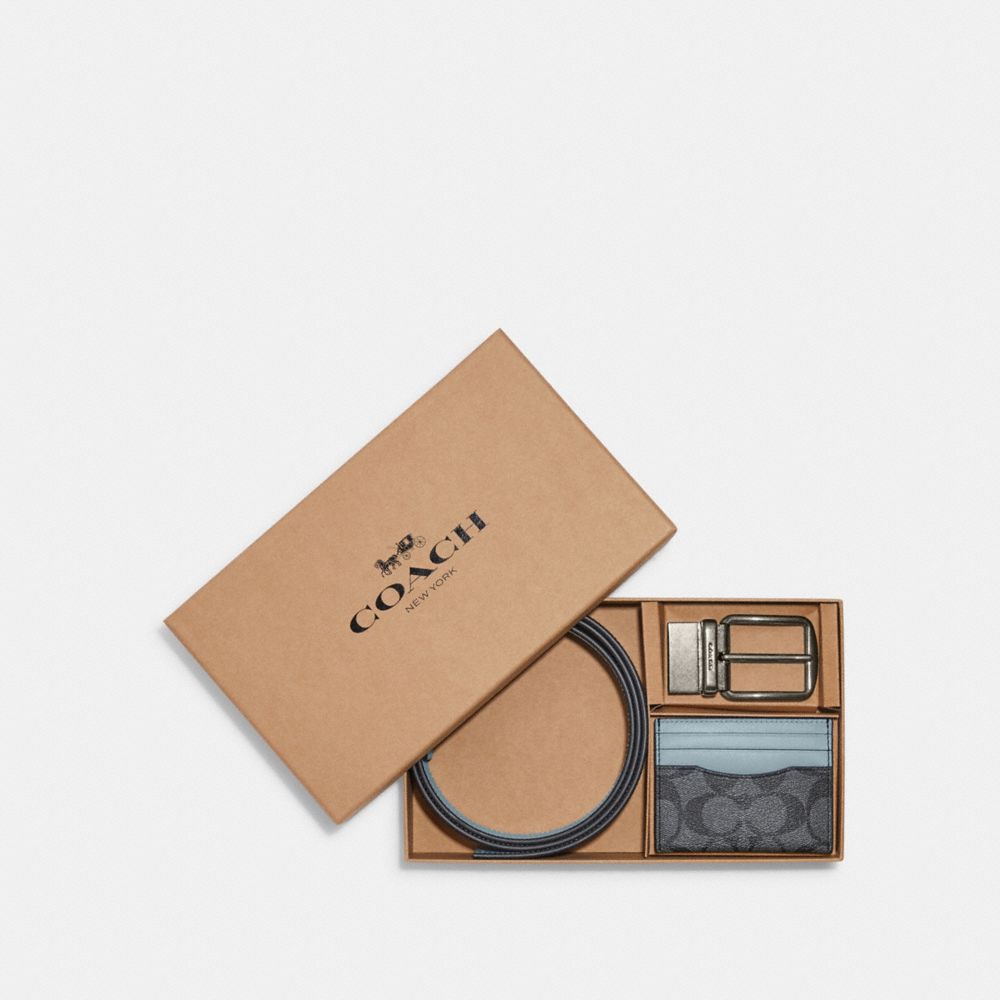 COACH®,BOXED CARD CASE AND BELT GIFT SET IN COLORBLOCK SIGNATURE CANVAS,Gunmetal/Charcoal/Powder Blue,Front View