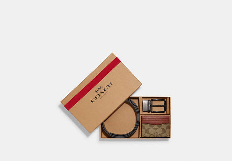 COACH®,BOXED CARD CASE AND BELT GIFT SET IN COLORBLOCK SIGNATURE CANVAS,Signature Coated Canvas,Mini,Black Antique Nickel/Khaki/Terracotta,Front View