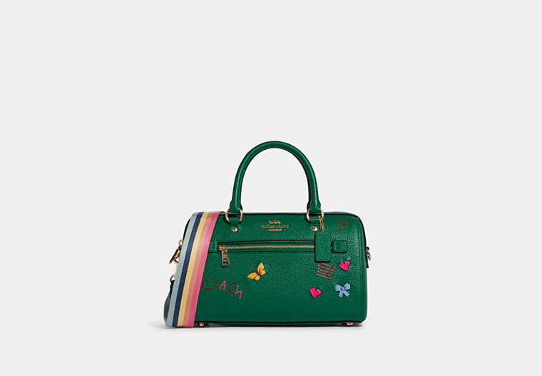 COACH®,ROWAN SATCHEL WITH DIARY EMBROIDERY,Leather,Gold/Green Multi,Front View